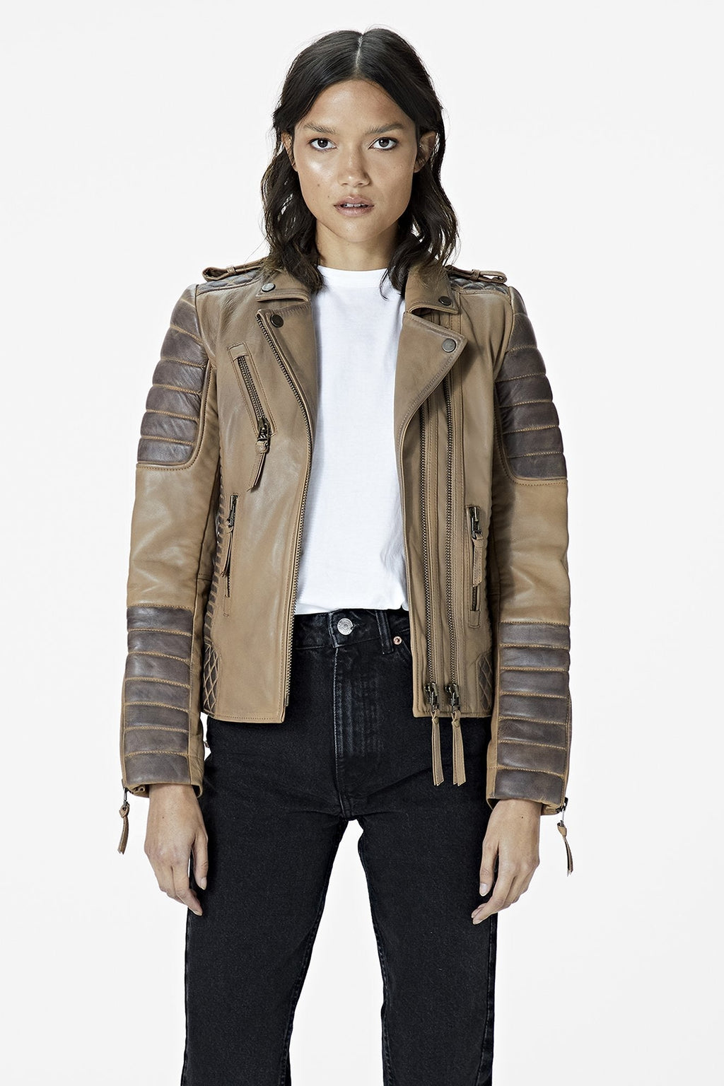 Women's Beige Cafe Racer Leather Jacket with Gray Quilts