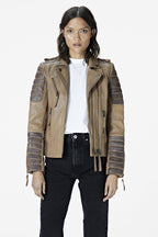 Women's Beige Cafe Racer Leather Jacket with Gray Quilts