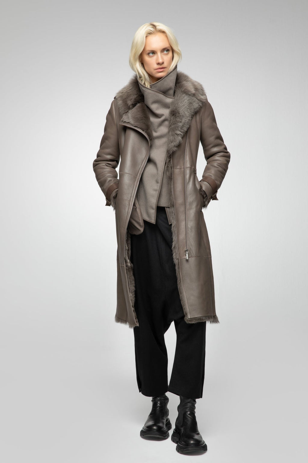 Women's Brown Belted Fur Shearling Leather Coat