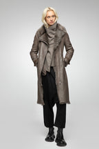 Women's Brown Belted Fur Shearling Leather Coat