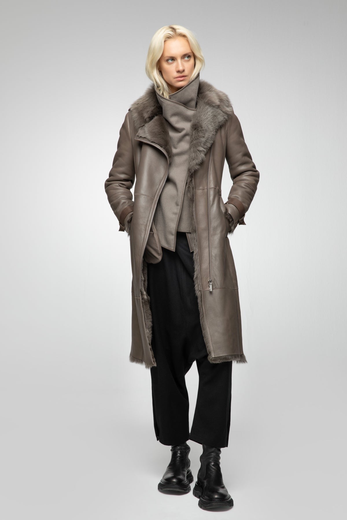 Women's Brown Belted Fur Shearling Leather Coat