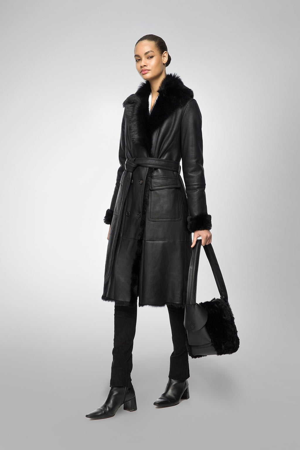 Women's Black Belted Shearling Bomber Leather Coat