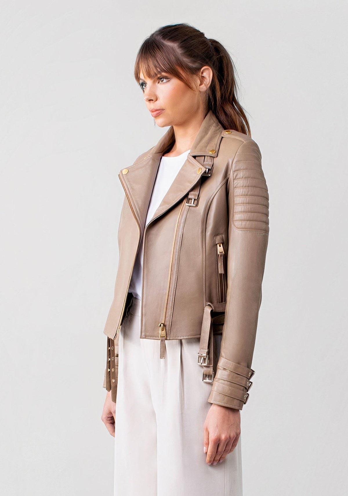 Women's Beige Biker Cafe Racer Leather Jacket