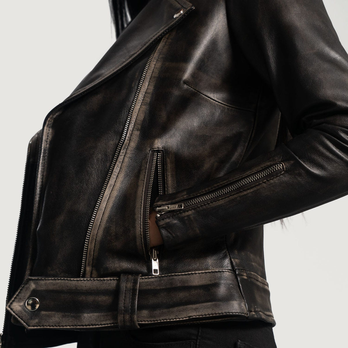 Women's Black Distressed Biker Leather Jacket