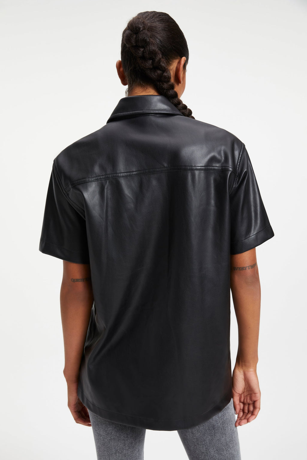 Women's Black Half Sleeve Trucker Leather Shirt with Classic Fit