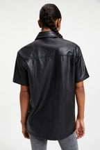 Women's Black Half Sleeve Trucker Leather Shirt with Classic Fit