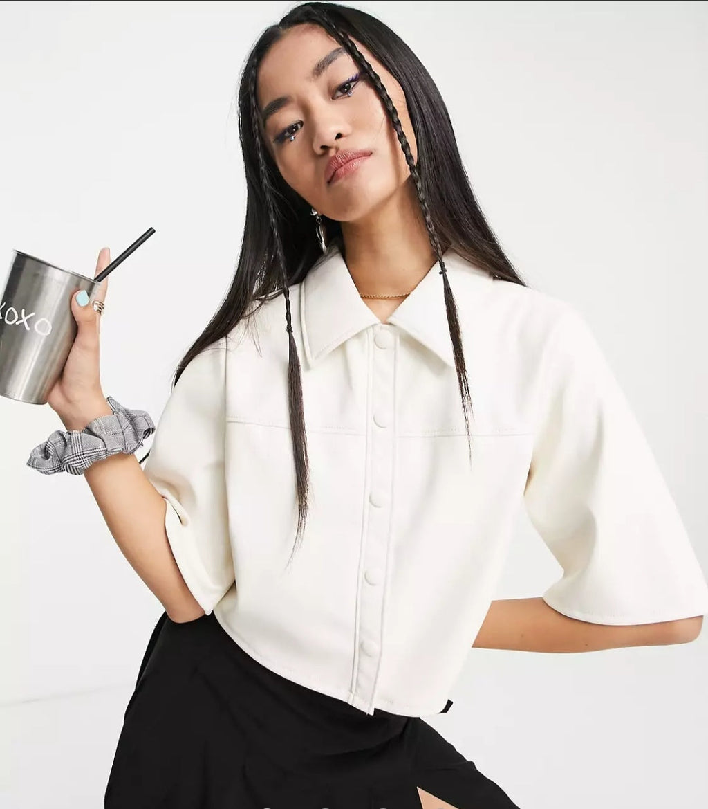 Women's White Cropped Half Sleeve Leather Shirt with Trendy Fit