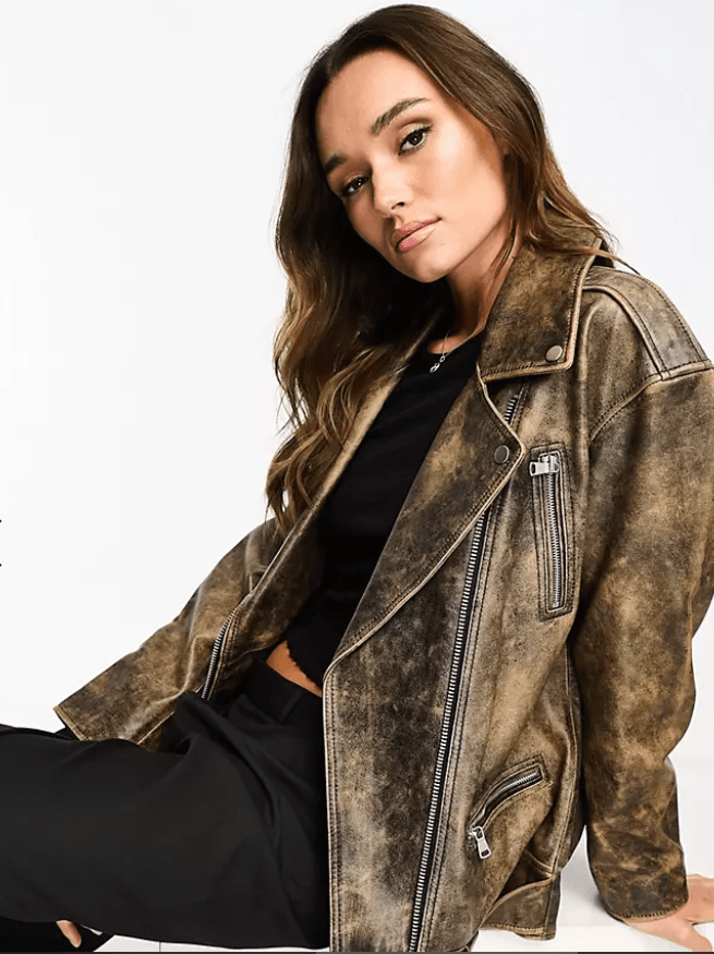 Women's Distressed Black Biker Leather Jacket with Belt