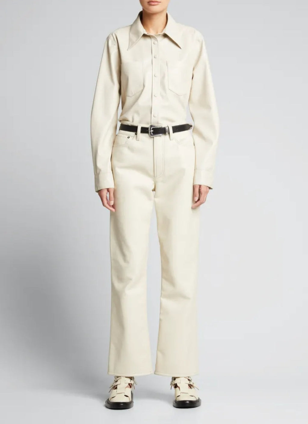 Women's Off White Full Sleeve Leather Shirt with Elegant Design