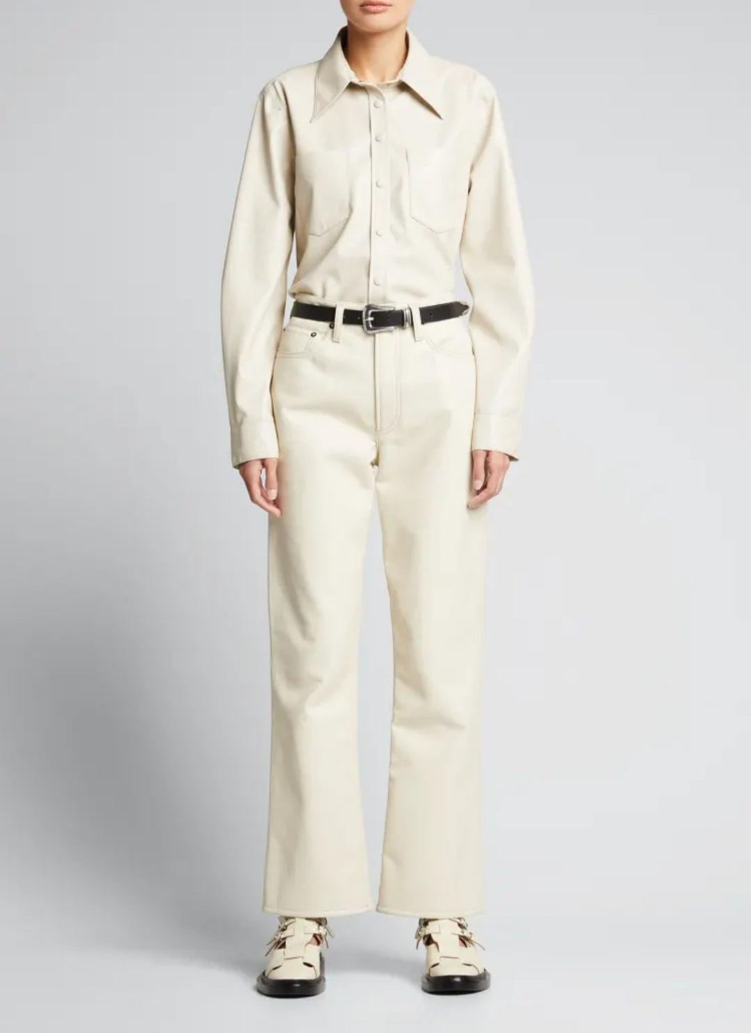 Women's Off White Full Sleeve Leather Shirt with Elegant Design