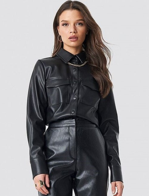 Women's Black Full Sleeve Trucker Leather Shirt with Classic Fit