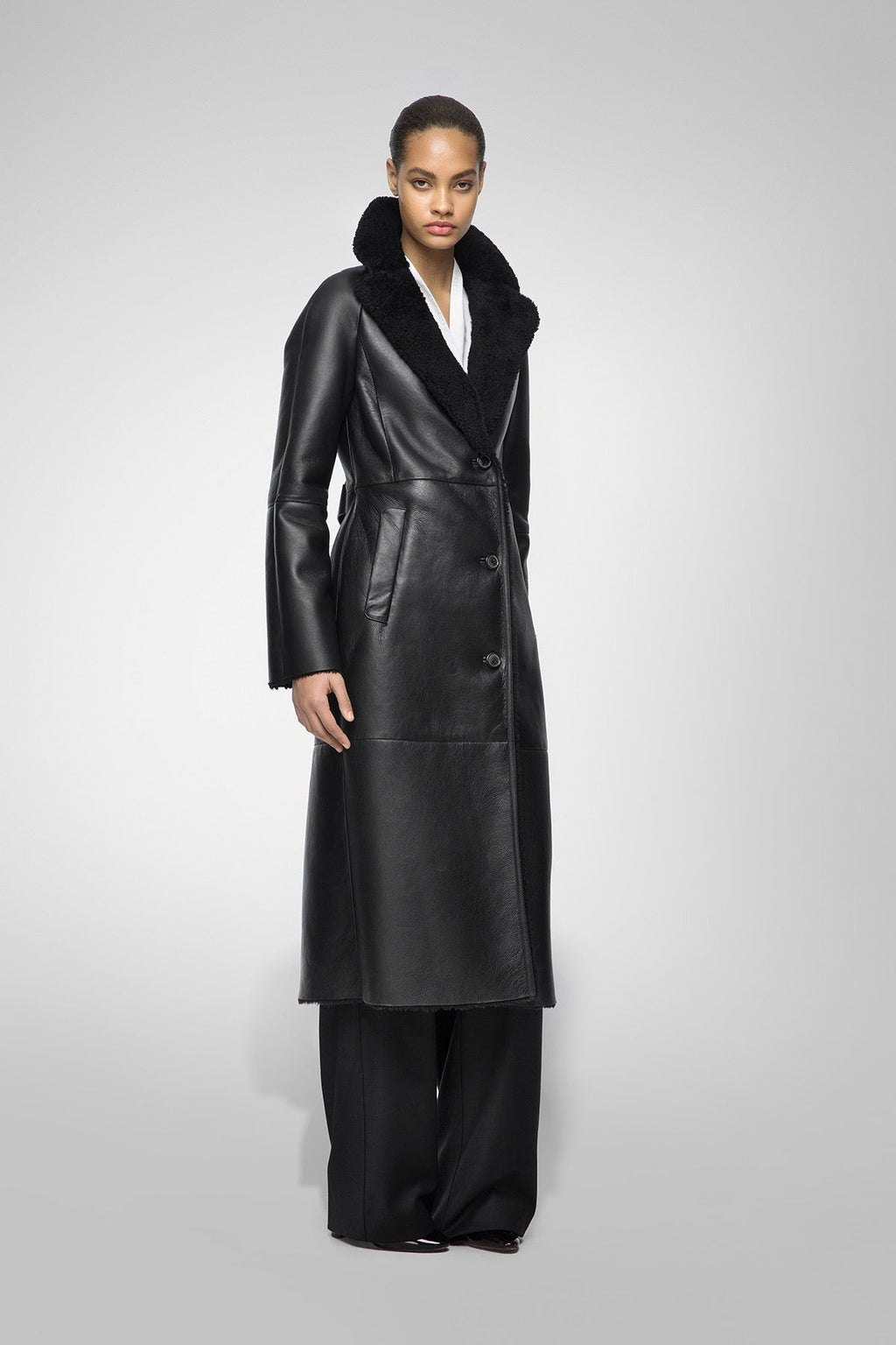 Women's Black Fur Shearling Leather Coat