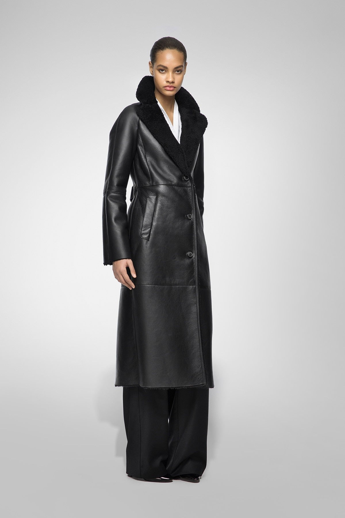 Women's Black Fur Shearling Leather Coat