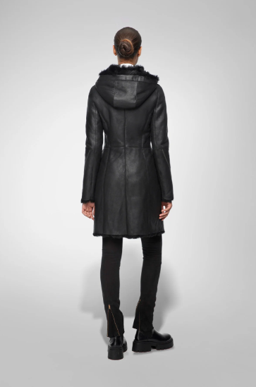 Women's Black Fur Shearling Parka Leather Coat