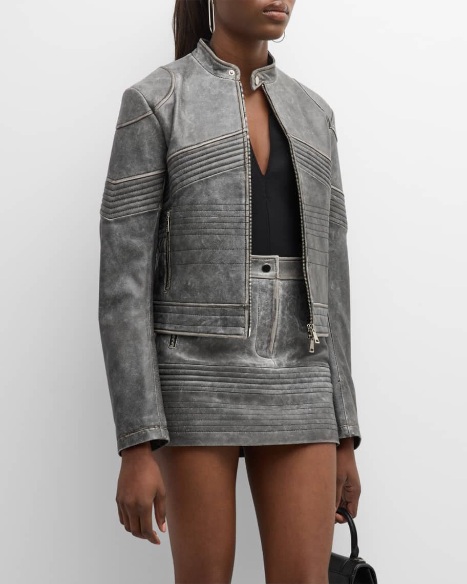 Women's Gray Distressed Leather Jacket with Vintage Flair
