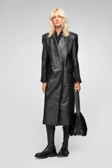 Women's Black Sheepskin Leather Trench Coat