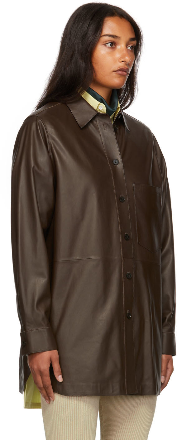 Women's Long Dark Brown Sheepskin Leather Shirt with Classic Fit