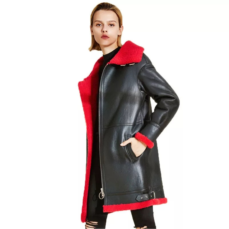 Women's Red Fur Sheepskin Leather Coat with Black Trim