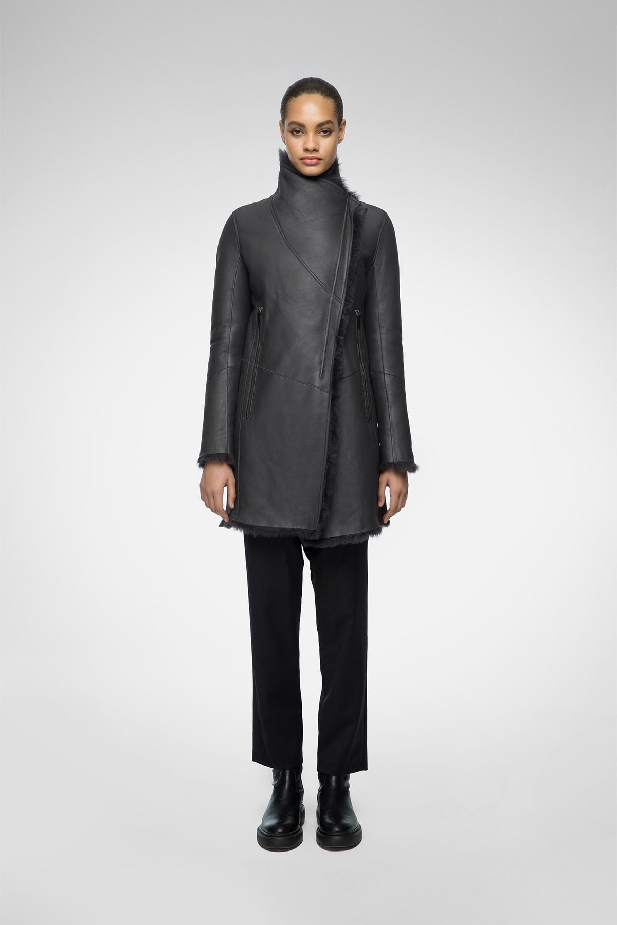 Women's Black Shearling Fur Leather Coat