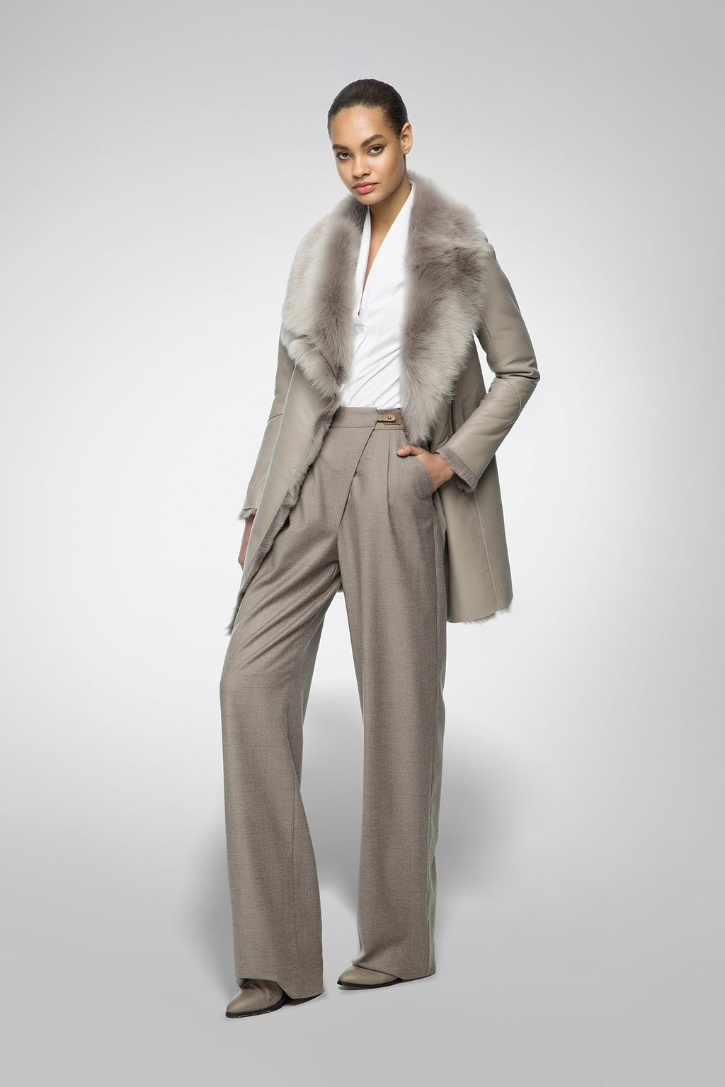 Women's Light Gray Shearling Fur Leather Coat