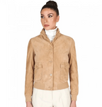 Women's Tan Brown Suede Trucker Bomber Leather Jacket