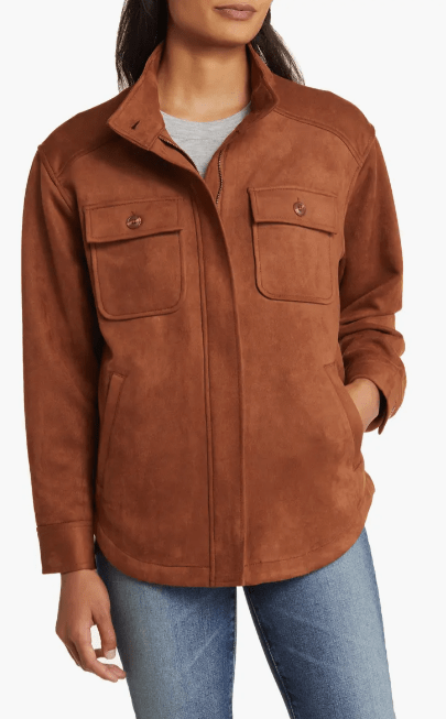 Women's Brown Suede Trucker Leather Shirt with Classic Fit