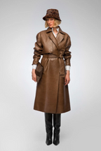 Women's Dark Brown Leather Trench Coat with Belted Waist