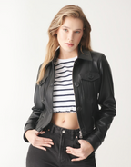 Women's Black Trucker Harrington Leather Jacket with Snap Closure