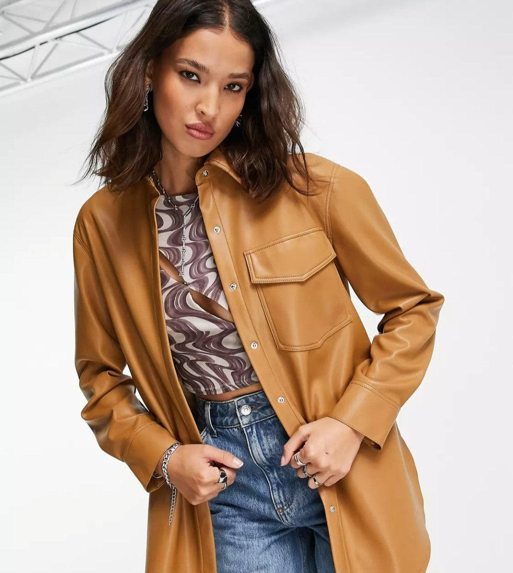 Women's Brown Trucker Leather Shirt with Classic Fit