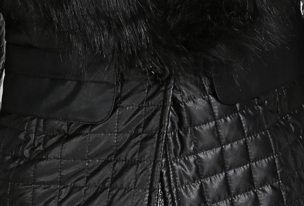 Leather Skin Women Black Diamond Quilted Leather Jacket with Black Fur