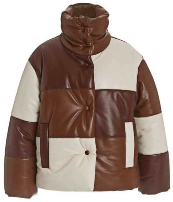 Luxury Brown Lamb Leather Puffer Jacket - Stylish & Warm