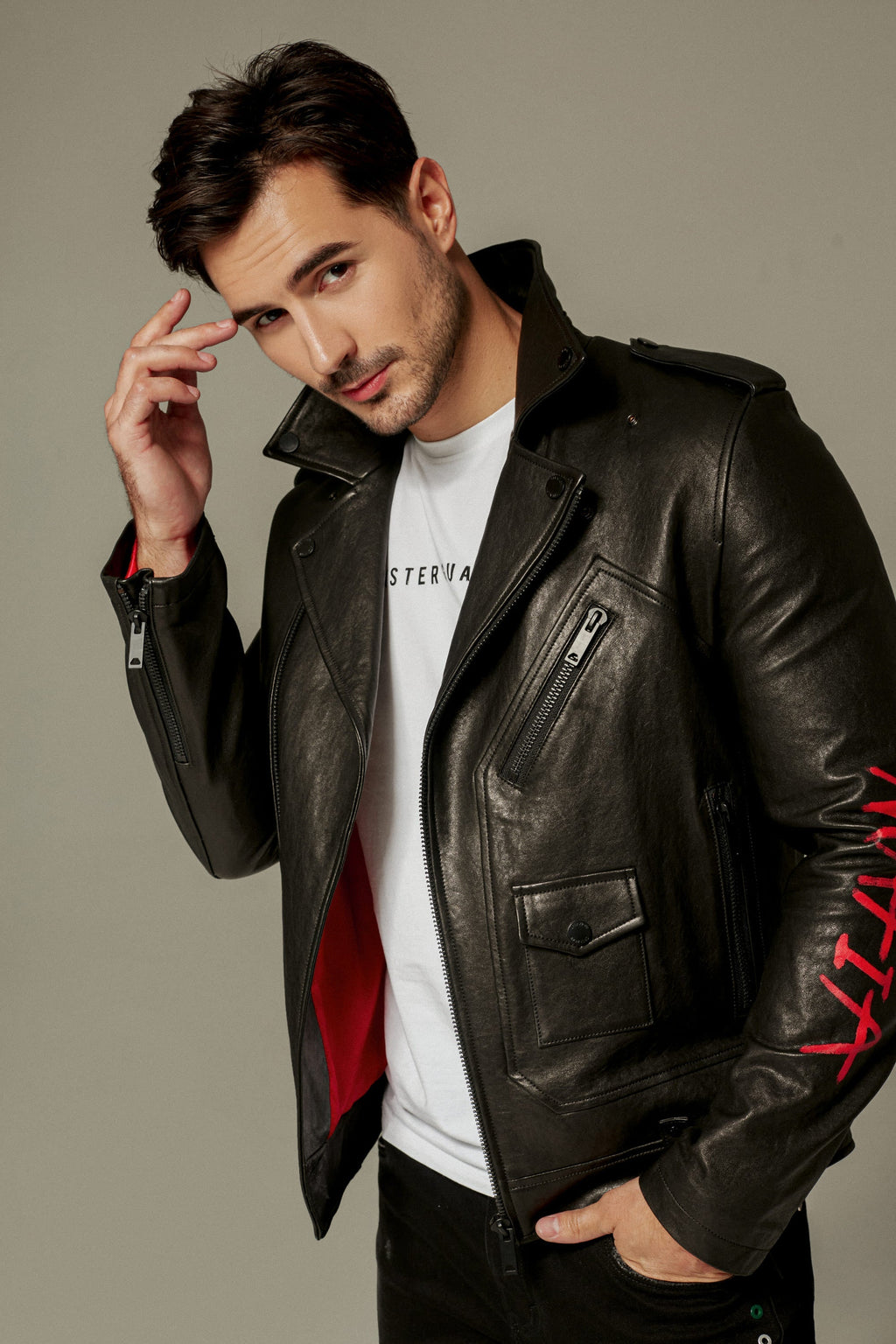 Black Gothic Style Printed Leather Moto Biker Jacket