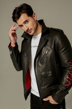 Black Gothic Style Printed Leather Moto Biker Jacket