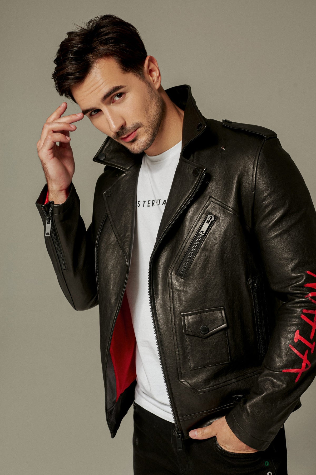 Black Gothic Style Printed Leather Moto Biker Jacket