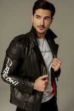 Black Gothic Style Printed Leather Moto Biker Jacket