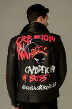Black Gothic Style Printed Leather Moto Biker Jacket