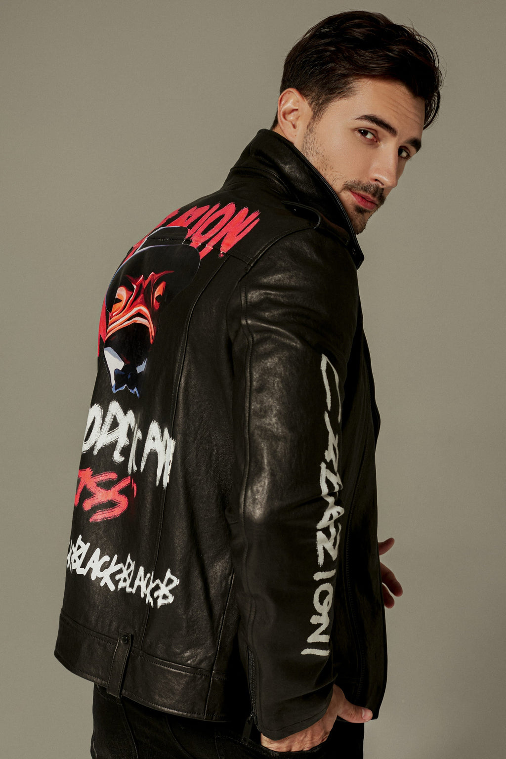 Black Gothic Style Printed Leather Moto Biker Jacket