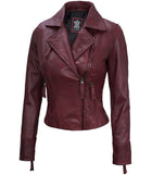 Avanzar Leather Ramsey Women's Maroon Asymmetrical Waxed Biker Leather Jacket