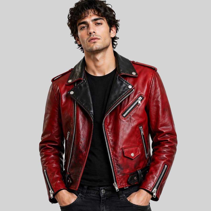 Red Black Distressed Biker Leather Jacket