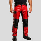 Men’s Red Black Leather Biker Pants Cargo Trousers