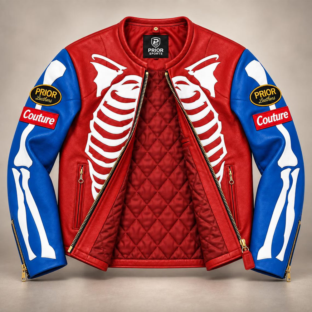 Bone Riot Men’s Red Skeleton Leather Biker Jacket