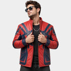 Men and Women Red and Blue Vegan Leather Spider Cosplay Jacket with Textured Design