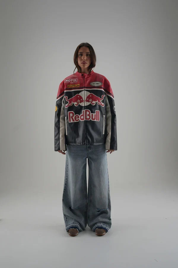 Red Bull Vintage F1 Racing Jacket – Red/Black Leather Edition