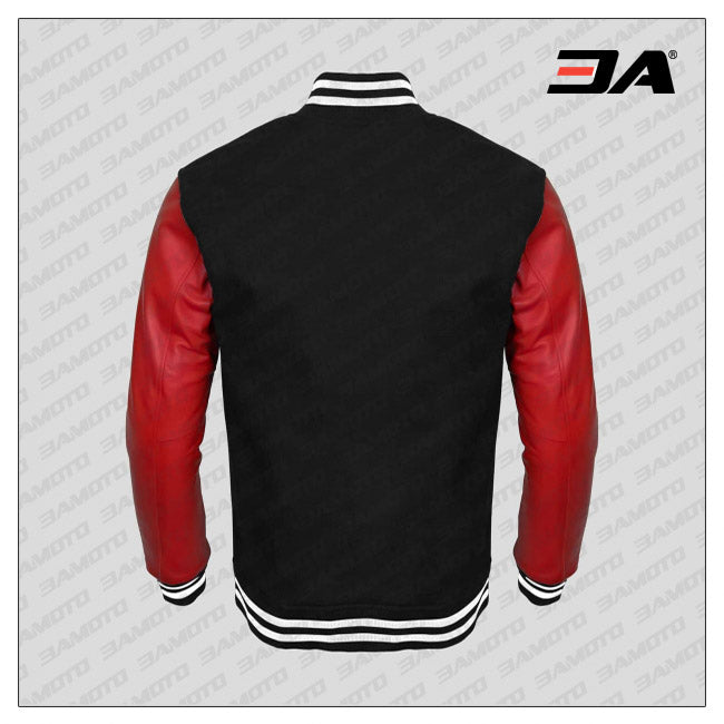 Red Faux Leather Sleeves Black Wool Letterman Jacket