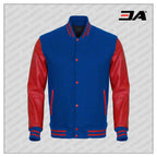 Red Faux Leather Sleeves Blue Wool Varsity Jacket