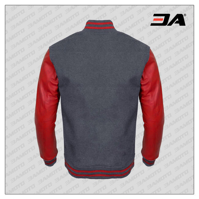 Red Faux Leather Sleeves Gray Wool Varsity Jacket