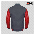 Red Faux Leather Sleeves Gray Wool Varsity Jacket