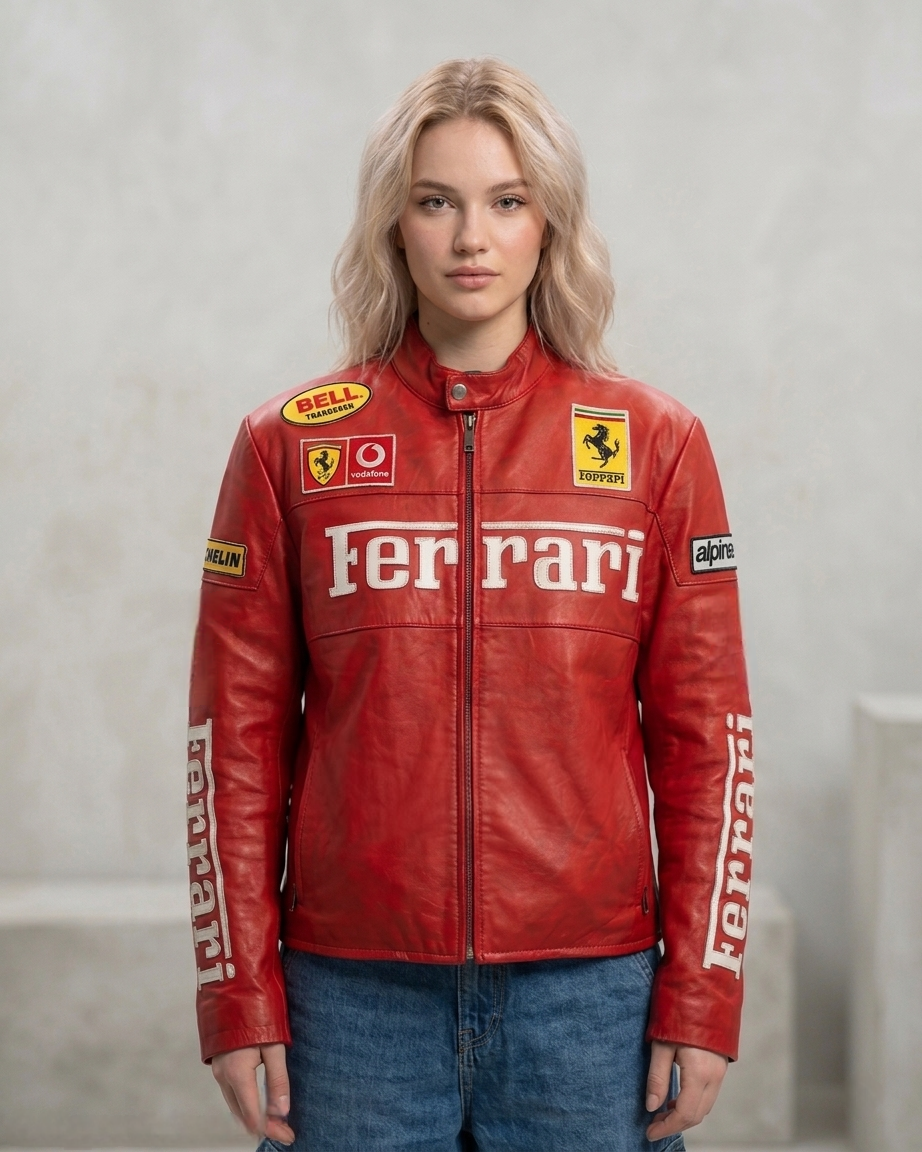 Red Ferrari F1 Leather Jacket – Vintage Unisex Racing Outerwear