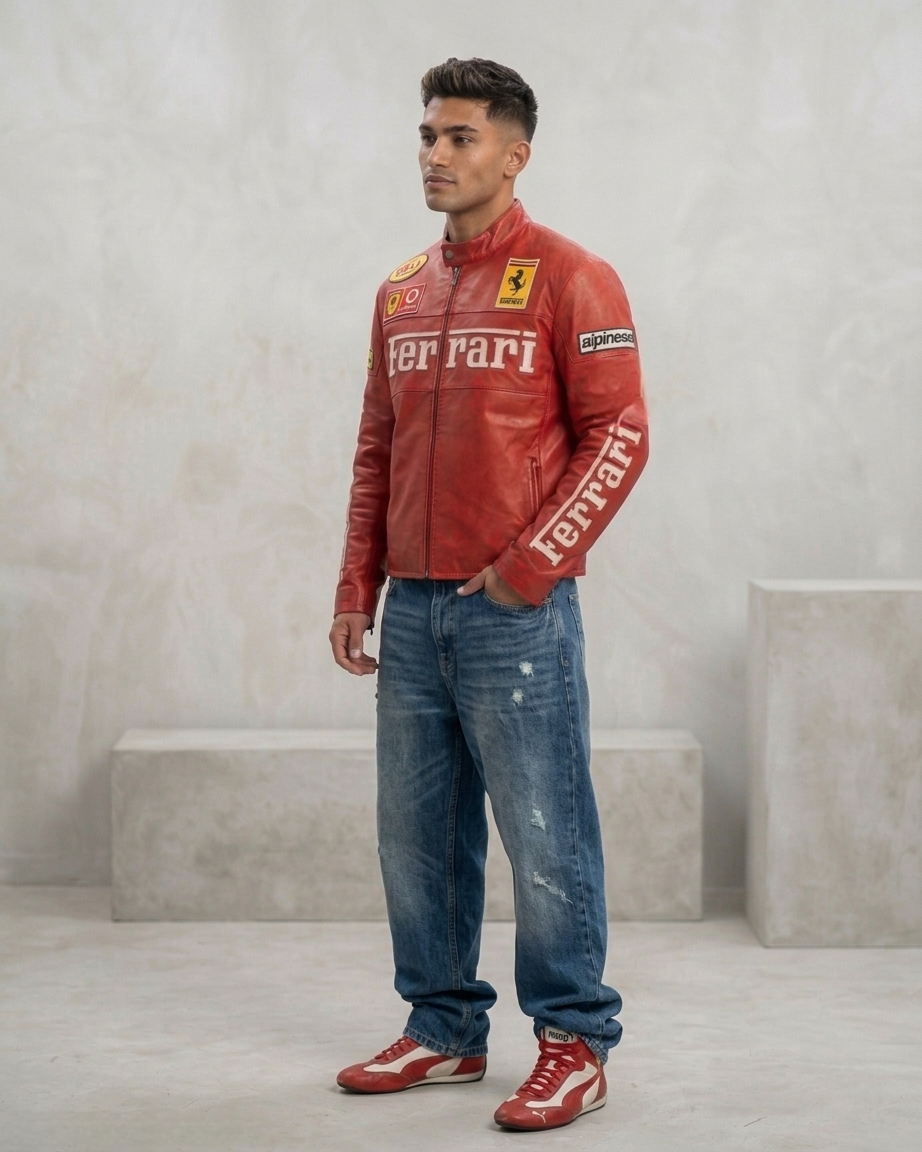 Red Ferrari F1 Leather Jacket – Vintage Unisex Racing Outerwear