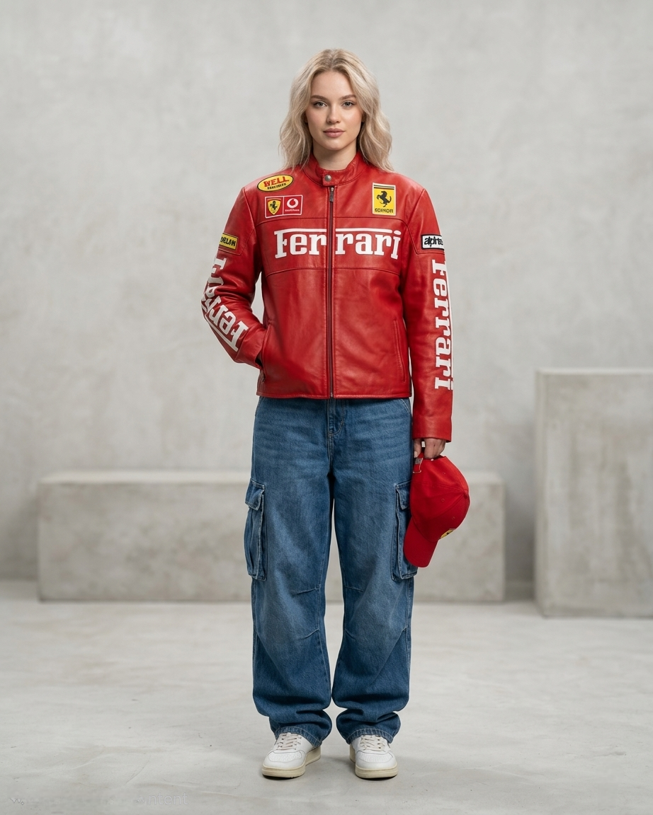 Red Ferrari F1 Leather Jacket – Vintage Unisex Racing Outerwear